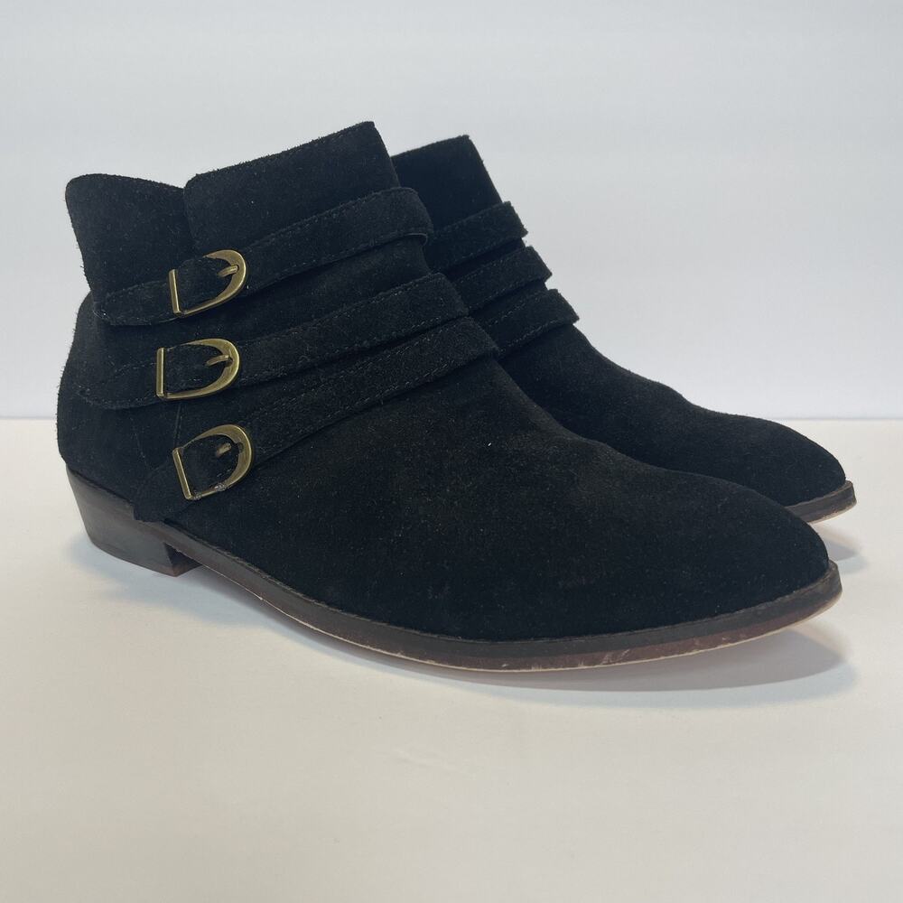 Latigo Shoes Womens Size 8 Black Suede Ankle Booties Triple Buckle Strap